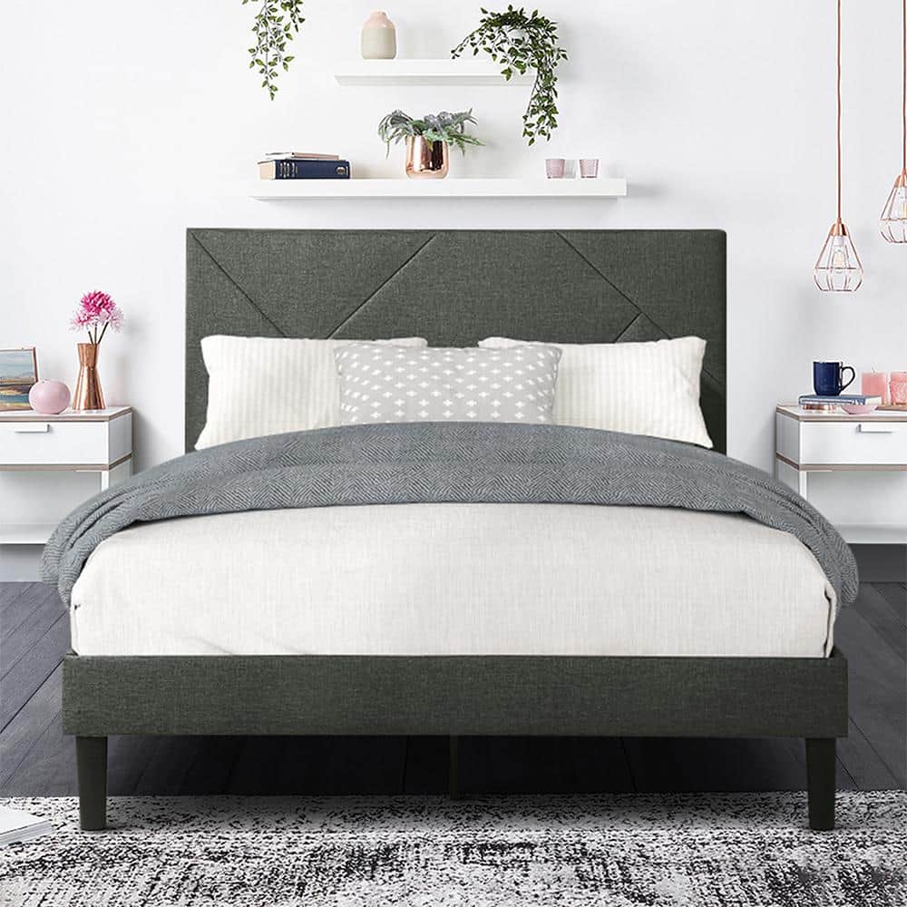 Raina Transitional Gray Upholstered Full Platform Bed with Engineered Wood Frame