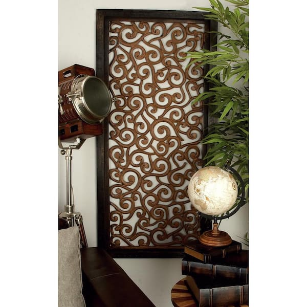 Litton Lane 24 in. x  51 in. Wood Brown Handmade Intricately Carved Scroll Floral Wall Decor