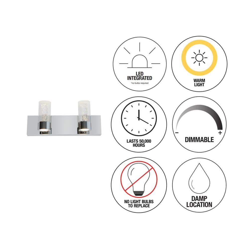 Chrome Rectangular Glass 2-Light LED Bathroom Vanity Fixture