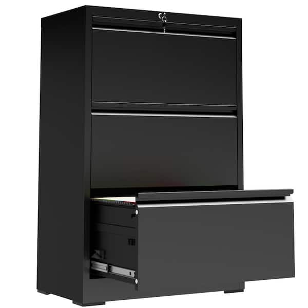 3-Drawer Black Steel 26.8 in. W Lateral File Cabinet with Lock, Horizontal Filing Cabinets Hanging Letter/Legal/A4/F4