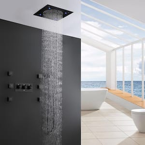 12 in. 6-Jet Thermostatic Ceiling Mount LED Rainfall Shower System with Bathroom Shower Mixer Set in Black