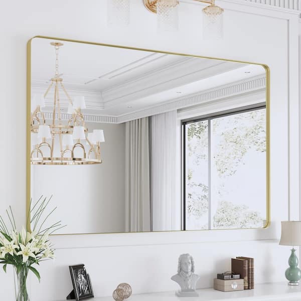 48 in. W x 32 in. H Rectangular Framed Wall Mounted Bathroom Vanity Mirror in Brushed Gold
