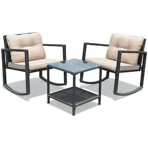 3-Piece PE Wicker Outdoor Sofa Set Patio Conversation Set with Rocking Chairs and Beige Cushions