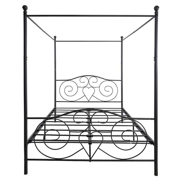 VERYKE 61 in. W Black Metal Canopy Bed Frame Platform Bed with Steel Slats Support Vintage Style Headboard & Footboard