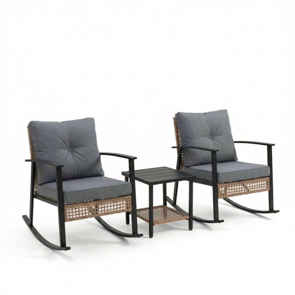 3-Piece Rocking Bistro Set with Thick Cushions and 2-Tier Coffee Table Oversize Rattan Conversation Set for Garden Gray price history on PriceWatchPro