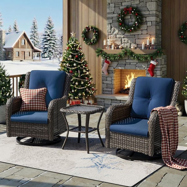 3-Piece Wicker Swivel Outdoor Rocking Chairs Patio Conversation Set with Blue Cushions