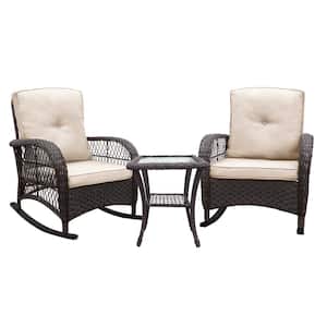 3 Pieces Conversation Set, Outdoor Wicker Rocker Patio Bistro Set, Rocking Chair with Glass Top Side Table-Brown