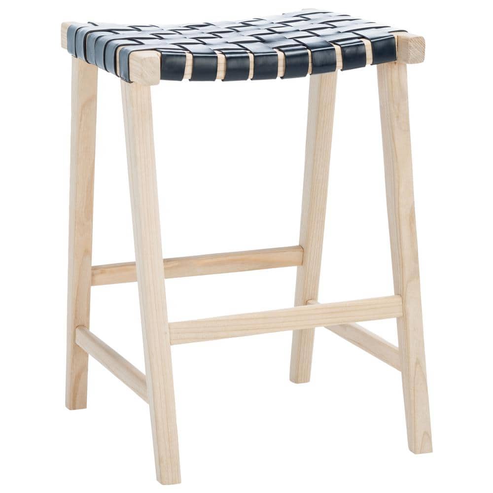 Elegant Airy Charm Black Woven Leather and Natural Wood Counter Stool