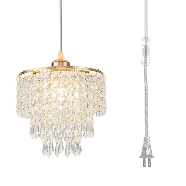 8 in Crystal Plug-In Pendant Light with 16.4 ft Cord, Gold Mini Chandelier for Bedroom or Kitchen Island