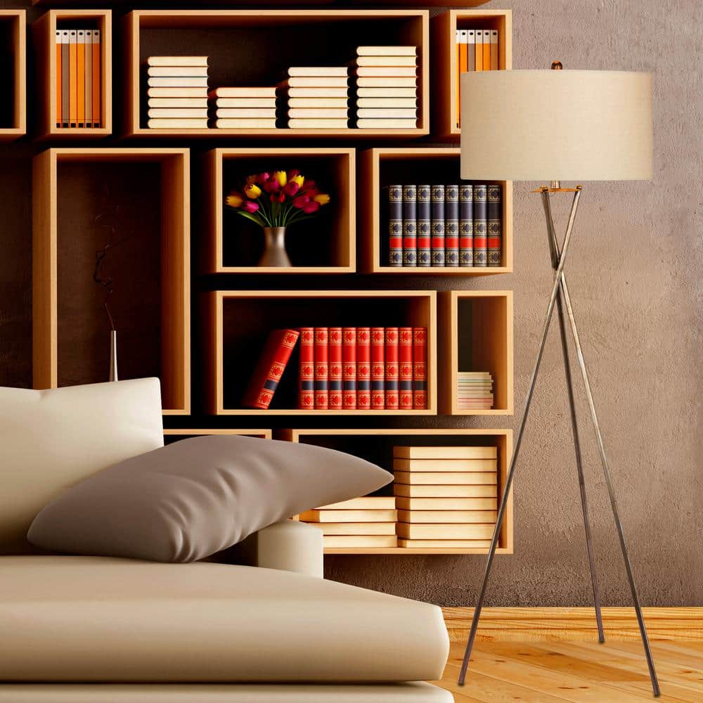 Elegant Rusted Silver Tripod Floor Lamp with Gray Linen Shade