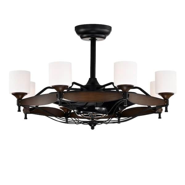 33 in. Indoor Matte Black Farmhouse Chandelier Ceiling Fan with 3-Black Blade, Beige Lamp Shade 6-Speeds Remote Control