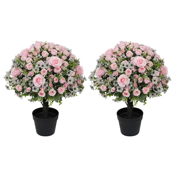 24 in. Pink Outdoor Artificial Rose Topiary Trees in Pots UV-Resistant Faux Plants for Front Door and Porch, 2 Pack