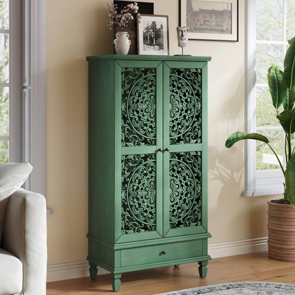 Antique Green Rustic 2-Door Carved 55 in. Accent Storage Cabinet with a Drawer for Living Room, Hallway, Dining Room price history on PriceWatchPro