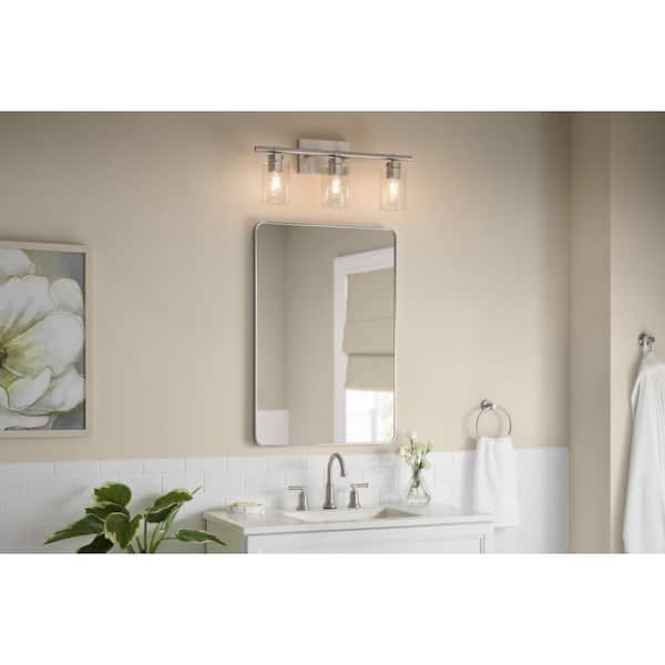 Breward 24 in. 3-Light Brushed Nickel Bathroom Vanity Light with Clear Ribbed Glass