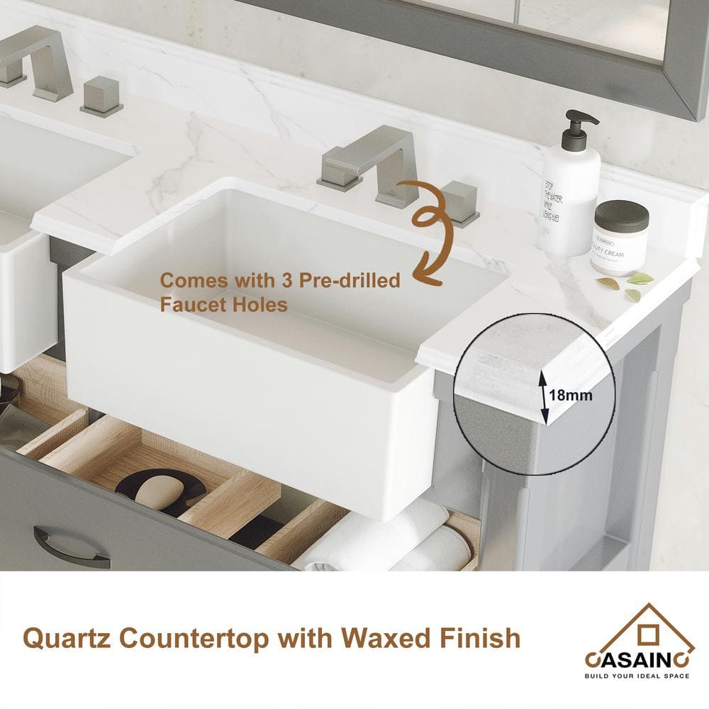 60'' Gray Solid Wood Double Bathroom Vanity with Quartz Top and Mirror