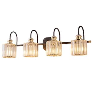 32 in. 4-Light Matte Black Golden Bathroom Vanity Light with Crystal Shades