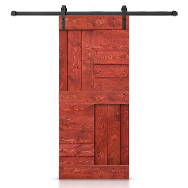 CALHOME 30 in. x 84 in. Cherry Red Stained DIY Knotty Pine Wood Interior Sliding Barn Door with Hardware Kit