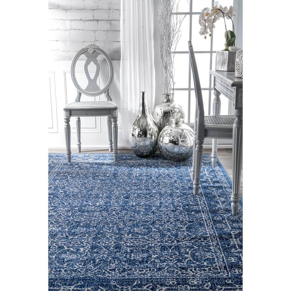 Vintage Dark Blue Round Synthetic Area Rug, 5'