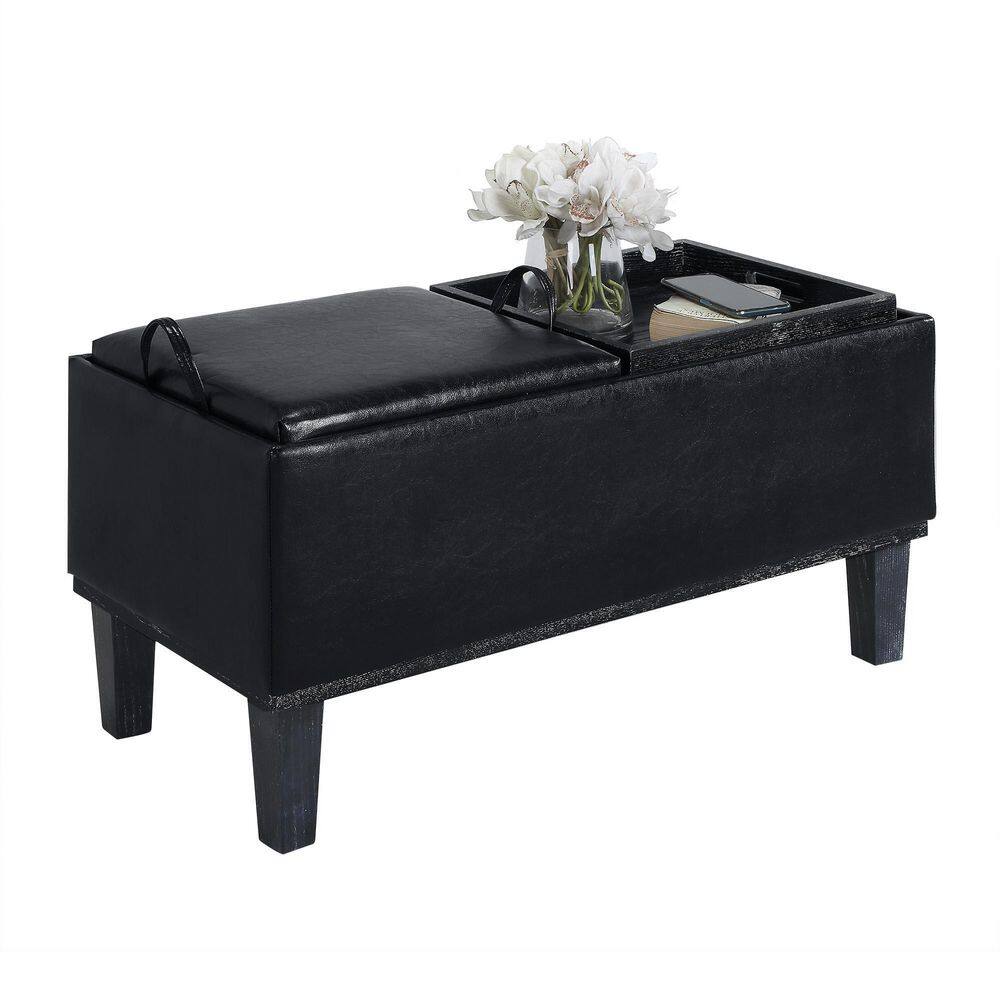 Brentwood Black Faux Leather Storage Ottoman with Reversible Trays