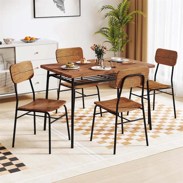 5-Pieces Black+Brown Wood Square Kitchen Table and Chair Set with Metal Frame Storage Rack