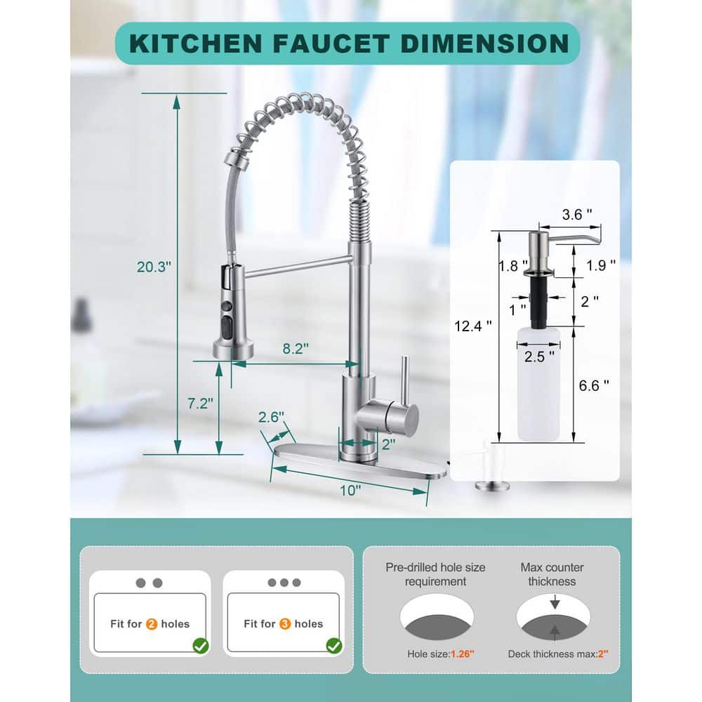 Brushed Nickel Single Handle Pull Down Kitchen Faucet with Soap Dispenser