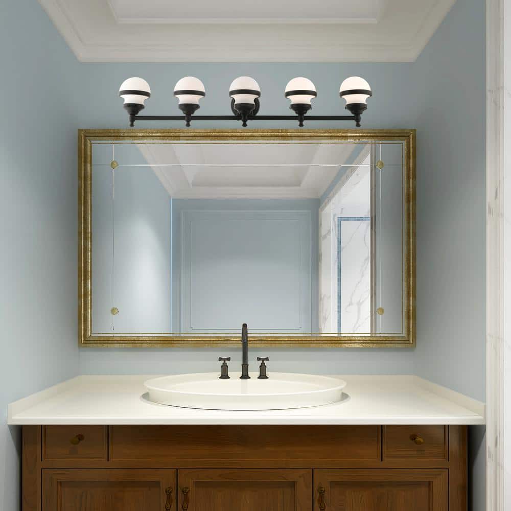 Oldwick Sleek Black 5-Light Vanity Sconce with Satin Opal White Glass