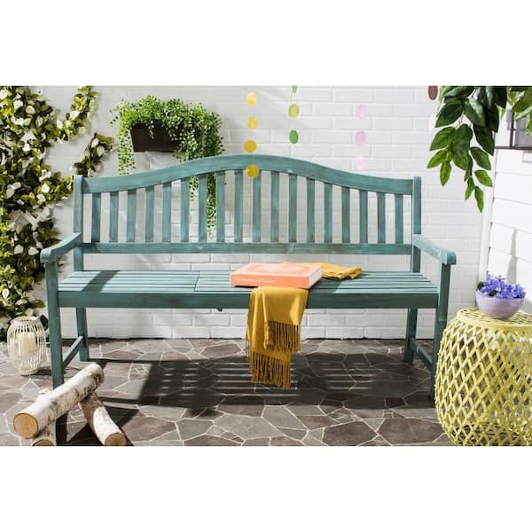 SAFAVIEH Mischa 63 in. 3-Person Beach House Blue Acacia Wood Outdoor Bench