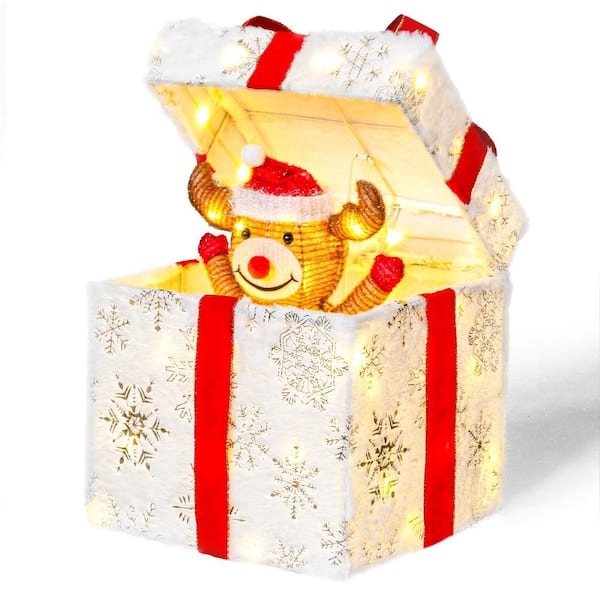12 in. White Motorized Gift Box Christmas Decorations with Motor and 60 LED Lights