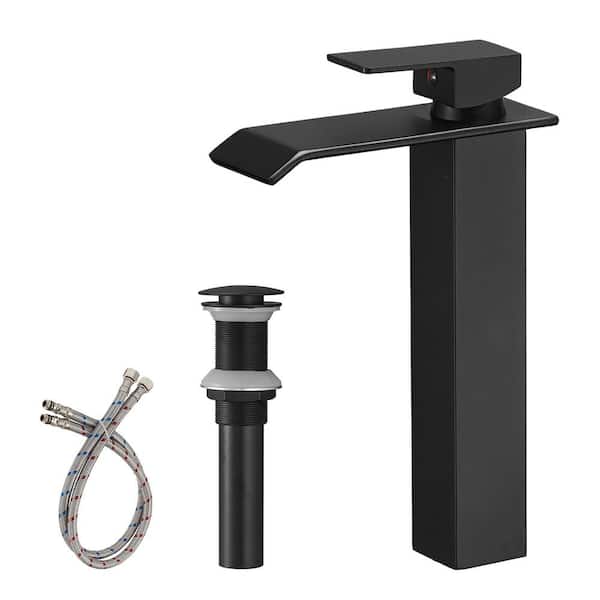 BWE Waterfall Single Hole Single Handle Bathroom Vessel Sink Faucet With Pop-up Drain Assembly in Matte Black