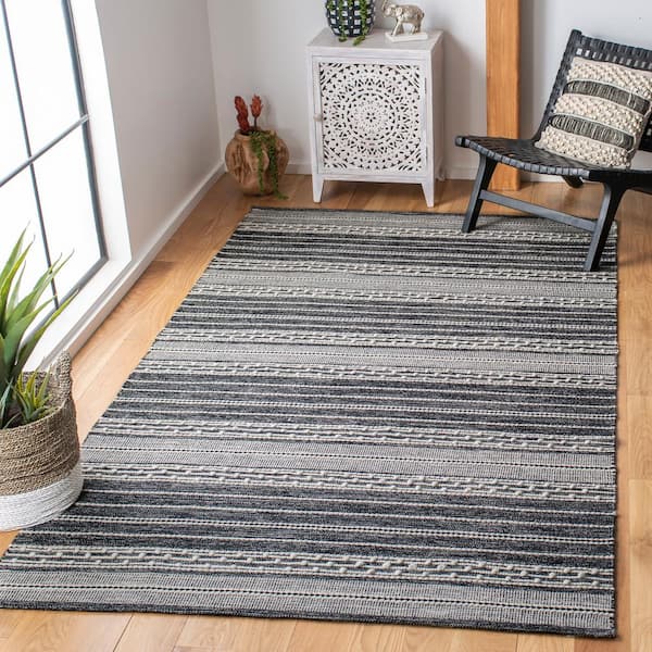 Striped Kilim Black Ivory Doormat 3 ft. x 3 ft. Striped Square Area Rug