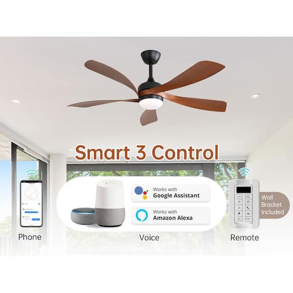 52 in. Smart Indoor/Outdoor Black and Brown Ceiling Fan Integrated LED with Light Kit and Remote/App Control