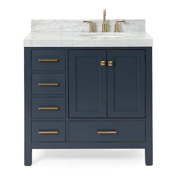 Cambridge 36 in. Single Sink Freestanding Bathroom Vanity in Midnight Blue with Carrara White Marble Top