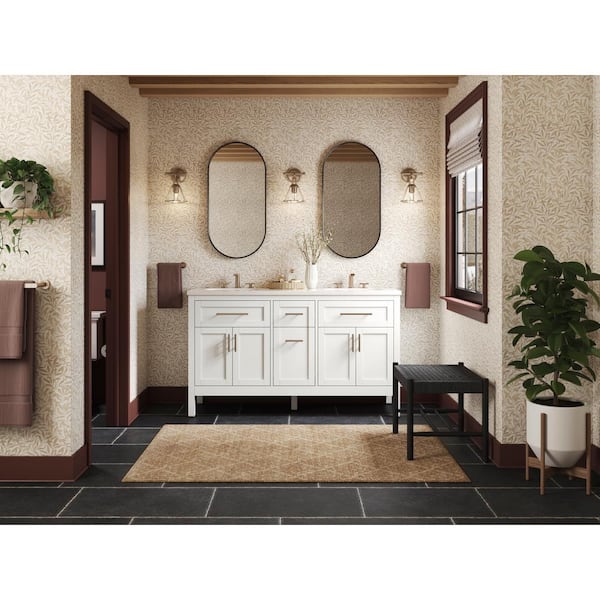 Hadron 60.75in. Double Sink Freestanding White Bath Vanity with White Quartz Top Assembled