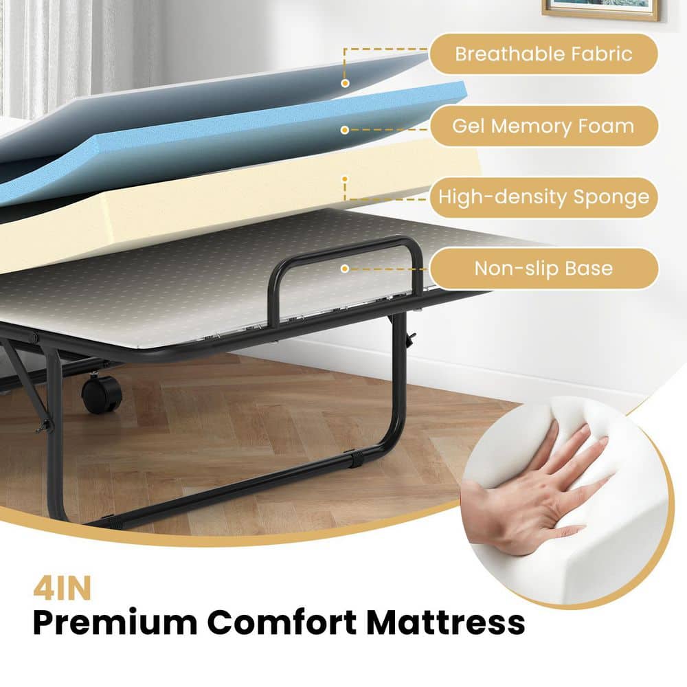 White Twin Rollaway Bed with Memory Foam Mattress Cot Guest Made in Italy Folding - thumbnail 10