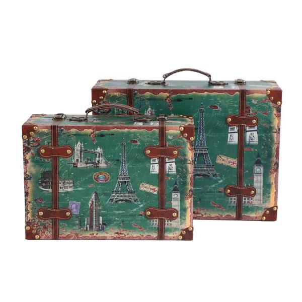 Set of 2 Vintage-Style World Map Leather Suitcase Trunks with Straps and  Handle