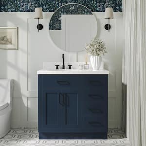 Hepburn 36 in. W x 22 in. D x 36 in. H Single Sink Freestanding Bath Vanity Midnight Blue with Carrara Qt. Top