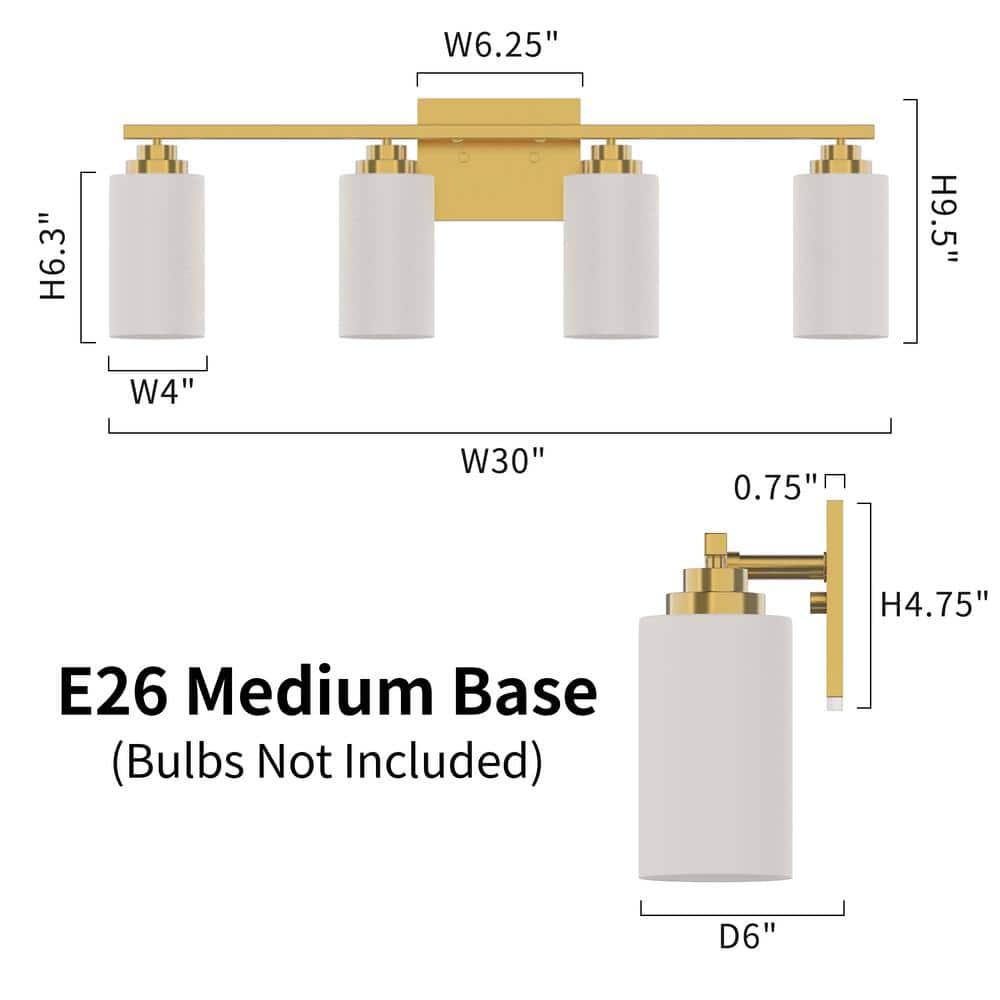 Gold Brass 4-Light Dimmable Vanity Light with Frosted Glass