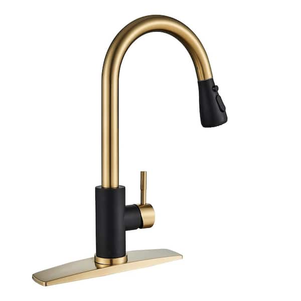 Single Handle Pull Down Sprayer Kitchen Faucet with Deck Plate in Black Gold