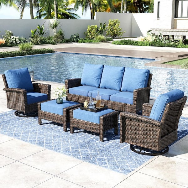 PHI VILLA Black 5-Pieces Metal Patio Conversation Sectional Seating Set with Swivel Sofa Chairs, Ottoman and Blue Cushions