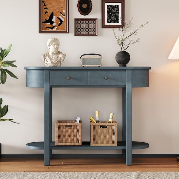 Elegant Retro 40 in. Navy Oval Wood Console Table with Drawers and Open Shelf