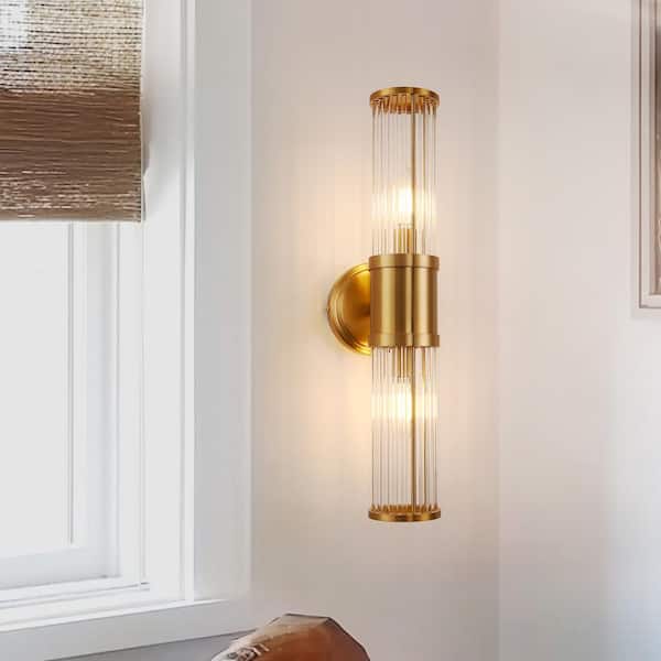 3 in. 2-Light Crystal Modern Vanity Light, Brass Bathroom Wall Sconce, Vertical Horizontal Wall Mount Lighting