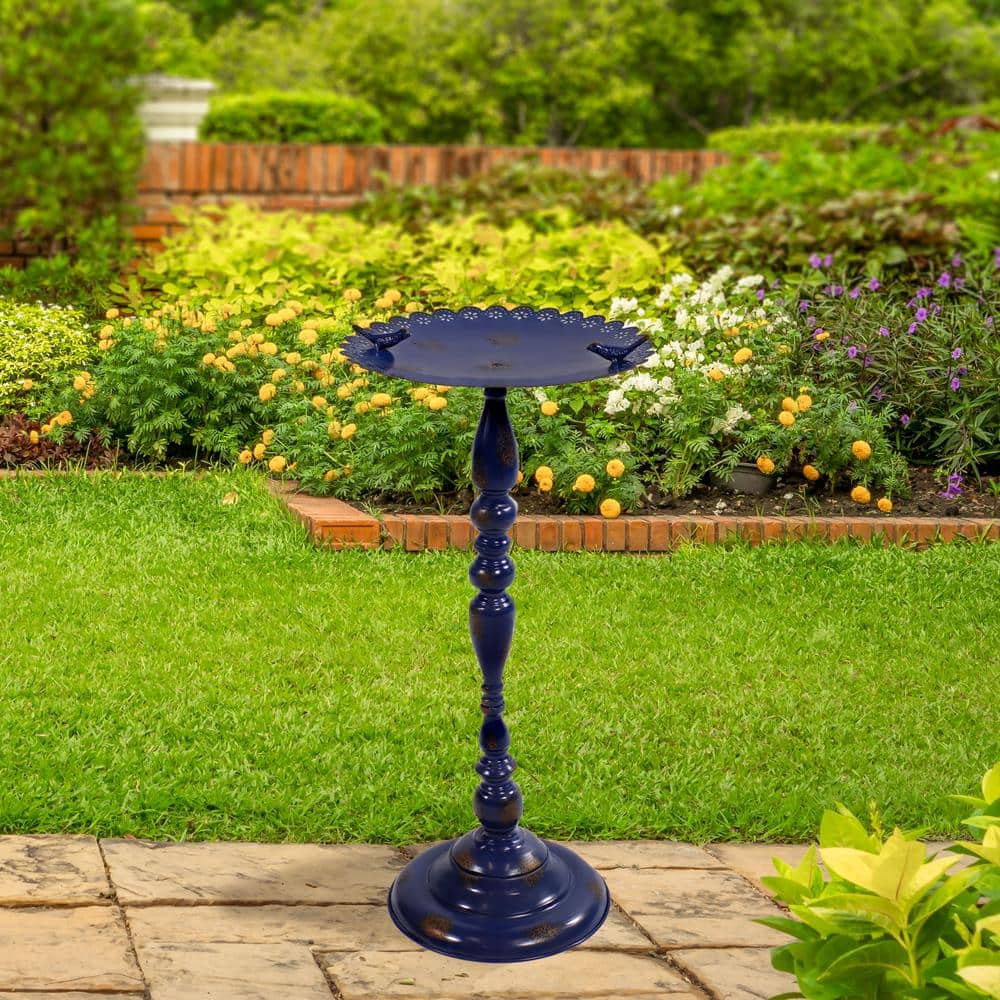 Vintage Blue Iron Pedestal Bird Feeder with Scalloped Edges