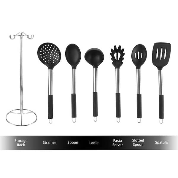 7-Piece Kitchen Utensil Set- Stainless-Steel and Silicone Cooking Tools with Organizing Stand- Nonstick & Heat Resistant