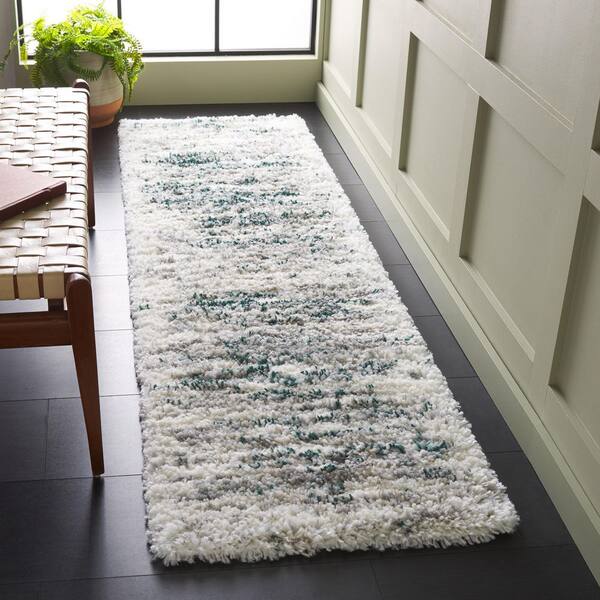 Fontana Shag 2 ft. x 8 ft. Ivory/Green Distressed Striped Runner Rug
