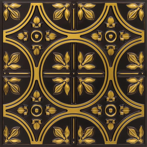 FROM PLAIN TO BEAUTIFUL IN HOURS Modern Fleur De Lis Antique Brass 2 ft. x 2 ft. PVC Lay-in Faux Tin Ceiling Tile (100 sq. ft. /Case)
