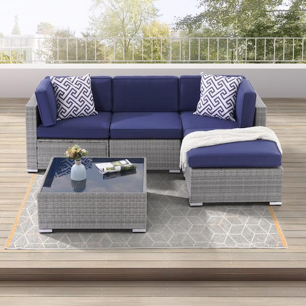 Sonkuki 5-Piece PE Rattan Wicker for Patio Outdoor Sectional Furniture Sets with Royal Blue Cushion