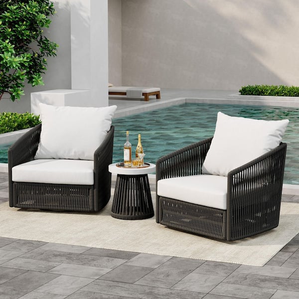 Black 3-Piece Metal Wicker Patio Conversation Set Outdoor Chairs and Coffee Table with Beige Cushion