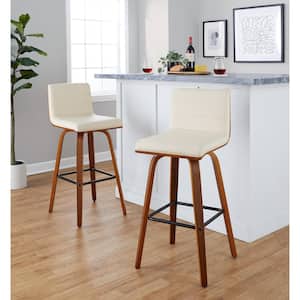 Vasari 29.25 in. Cream Faux Leather, Walnut Wood and Black Metal Fixed-Height Bar Stool (Set of 2)