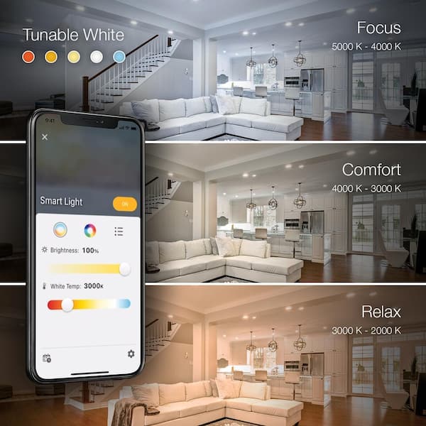 4 in. LED Round Smart RBG+ Tuneable White Canless Recessed Light for Kitchen Bath Living Rooms, Powered by Hubspace