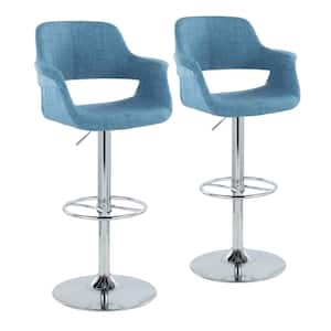 Vintage Flair 47 in. Blue Fabric and Chrome Metal High Back Adjustable Bar Stool with Wheel Footrest (Set of 2)